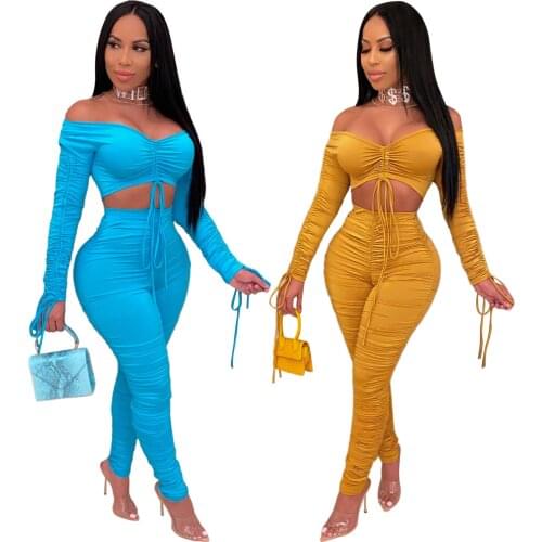 Solid Color Pleated Women Two-piece Suit Fashion High Waist Off Shoulder Long Sleeve 2pcs Pants Suit Navel Drawstring Folds Suit