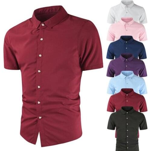Wine Red Shirts Men Casual Short Sleeve Mercerized Cotton Mens Shirt Slim Bussiness Work Camisas Summer Brand Chemise Homme