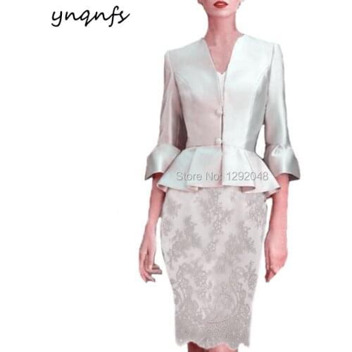 YNQNFS M138 Satin 3/4 Sleeve Silver Two Piece Mother of the Bride Lace Dresses with Jacket Wedding Guest Dress Party Gown 2019