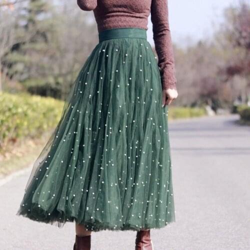 Green Elegant Simple Casual Women Skirt Pearls Tulle Ruffle A-Line High Street Ball Skirt Photography Party Skirts Custom Made