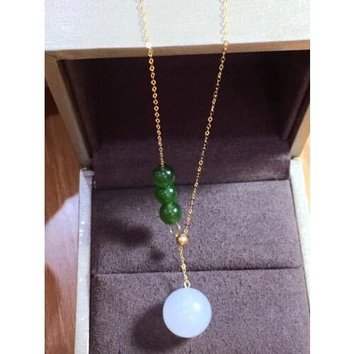 Zhe Ru Jewelry 14k gold inlaid natural Hetian white jade 12mm round bead pendant necklace Sexy clavicle chain