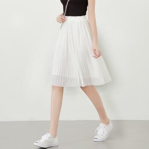 Fashion Womens Pleated Skirt Summer Black White Midi Chiffon Skirts Mori Girls Skirt All Match Knee Length Negra Falda Mujer