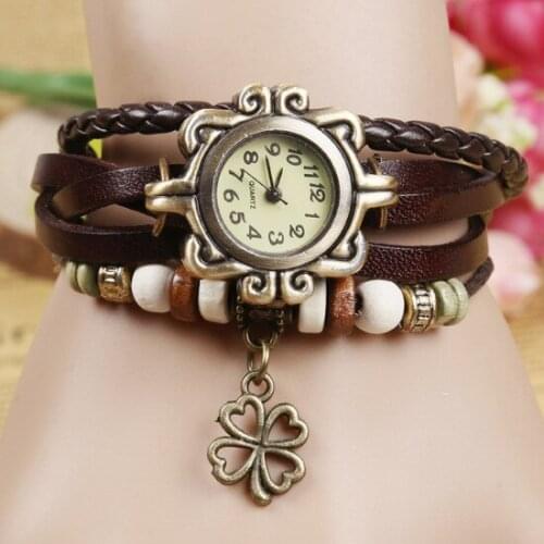 Vogue Women Bracelet Vintage Weave Wrap Quartz Cow Leather Clover Beads Wrist Watches lady watch Relojes Mujer kow065