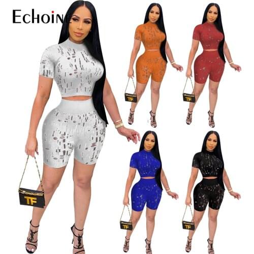 Echoine Women Personality hollow Fitness 2 Piece Set Solid Crop Top and Biker Shorts Summer Jogger Tracksuit Party Club Outfits