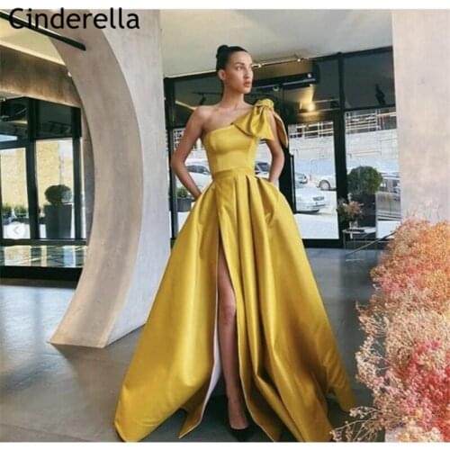 Prom Dresses Fashion One Shoulder Satin Sweep Train Bow A-Line Prom Dresses With Zipper Back vestidos de fiesta de noche