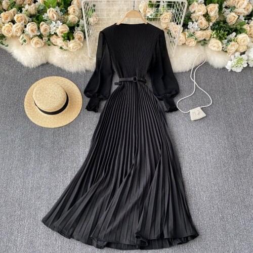 Women Summer French Long Dress 2021 Sweet O-Neck Long Sleeve High Waist Elegant Solid color Woman Dresses Female