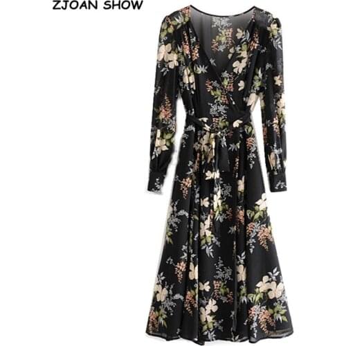 Vintage French Cross V neck Floral Print Wrap Dress Woman Tie bow Sashes Slit Mid Long Slim Long Sleeve Tea Dresses