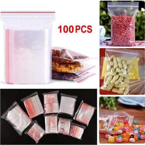 100pcs Storage Bags Zip Lock Plastic Bags Reclosable PE Transparent Bag Pouch Food Storage Packaging Bag Closet Organizer
