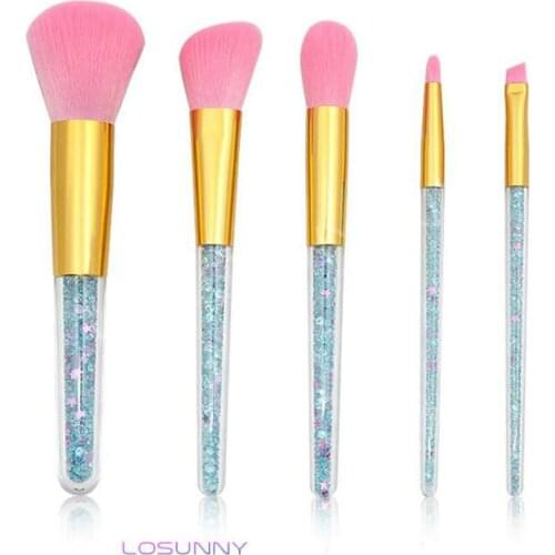 LOSUNNY 5 Pcs transparent handle makeup brush set diamond particle eye brush powder eyebrow brush beauty eyeshadow palette