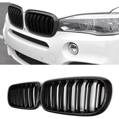 Car Carbon Fiber&Gloss Black Double Slats Front Kidney Grille Grill For-BMW X5 F15 X6 F16 X5M F85 X6M F86 2014-2018