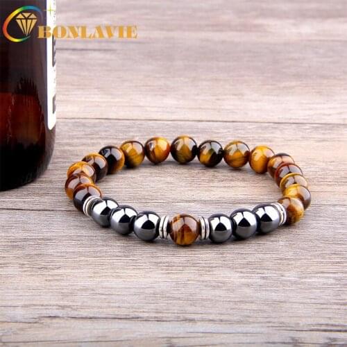 BONLAVIE Mens Tigers Eye Obsidian Bracelet Alloy Spacer Elastic Bracelet Fashion Bracelet Wholesale