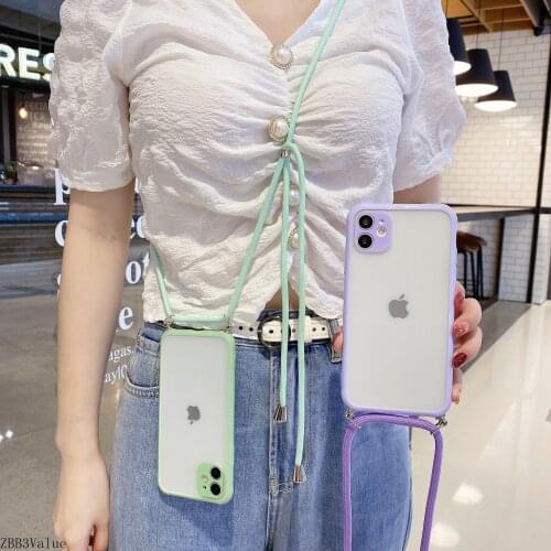 Necklace Lanyards Phone Case For iPhone 12 mini 11 Pro Max XS Max X XR 7 8 Plus SE 2020 Candy Color Clear Strap Cord Chain Cover