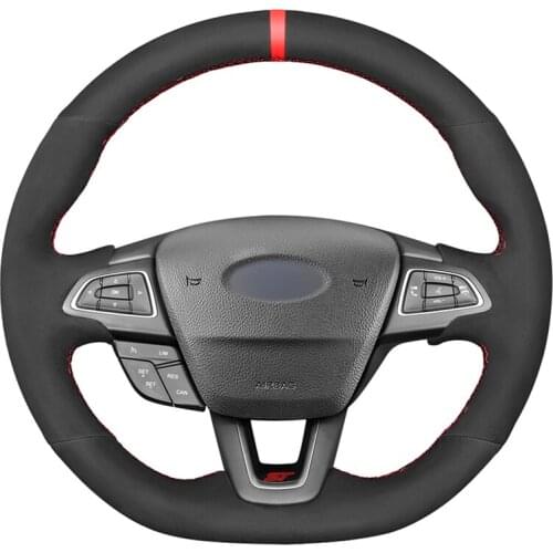 Black Suede Car Steering Wheel Cover For Ford Focus (RS | ST | ST-Line) 2015-2018 Kuga (ST-Line) Ecosport (ST-Line)