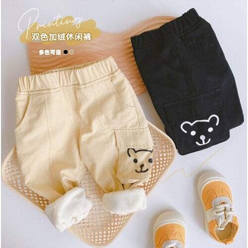 Children Plus Velvet Cartoon Casual Pants 2021 New Boys Three-dimensional Bag Cargo Pans Baby Trousers Toddler Winter Warm Pants