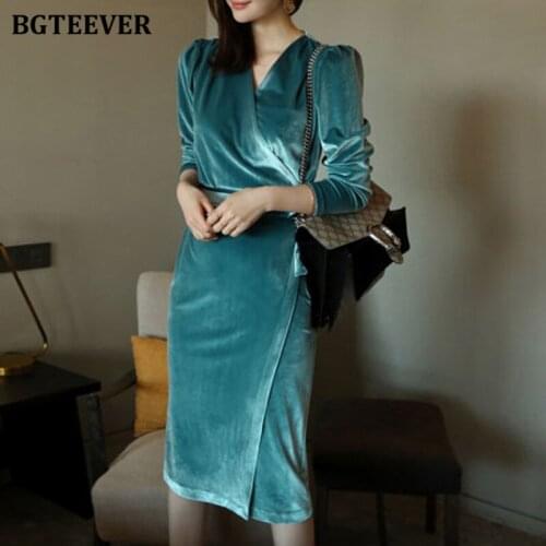 BGTEEVER Elegant V-neck Velvet Women Dress Full Sleeve Lace-up Package Hip Female Dress 2021 Autumn Winter Vestidos femme
