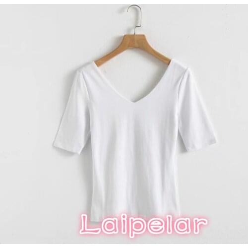 New design Double V neck t shirt women short sleeve cotton Solid white t-shirts Spring Summer Casual slim women tops