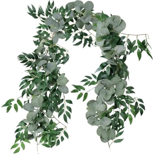 2M Mixed Artificial Silver Dollar Eucalyptus Leaves and Willow Leaves Vine Wreath Wedding Arch Background Green Garland
