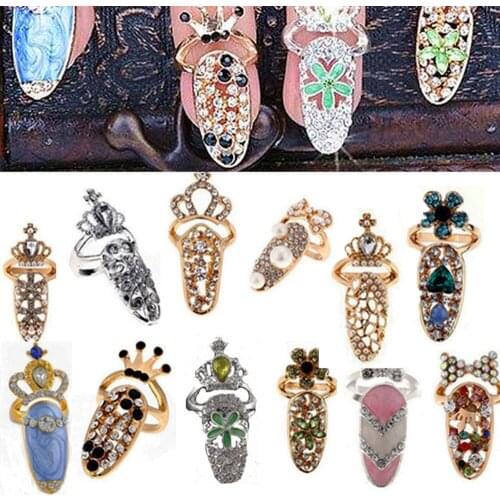 1pcs 5*1.5*2 cm Nail Charms Crown Flower Alloy Rings Lady Rhinestone Fingernail Protective Jewelry Women Crystal Nail Rings D-6