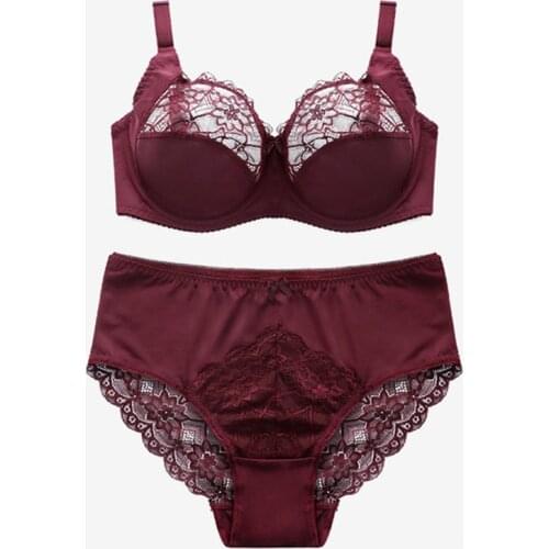 Sexy Womens Underwire Set Lace Floral Embroidery Big Size Bra & Panties Female Ultra Thin Solid Black Lingerie 34 36 38 40 42 D