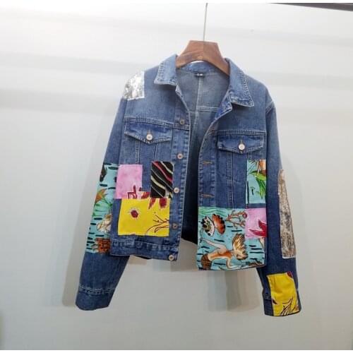 Autumn New Fashion Sequins Patch Design Denim Jacket Coat Women Outwear Loose Long Sleeve Outerwear Korean Jeans Jackets Female