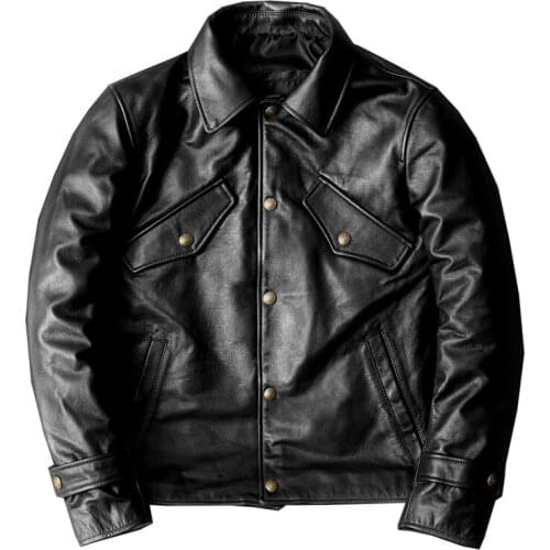 Pure Cowhide Jacket Top Layer Meticulous Calfskin Leather Jacket Mens Lapel Short New Jacket Cowhide Coat