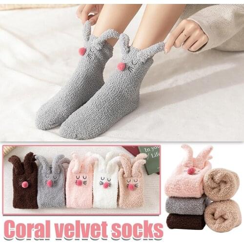Three-dimensional rabbit ears coral fleece socks soft girl home half fleece floor socks calcetines de compresión Cute warm F4