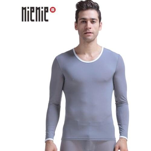 New male underwear elastic thin silky translucent viscose o-neck long-sleeve slim Only basic top