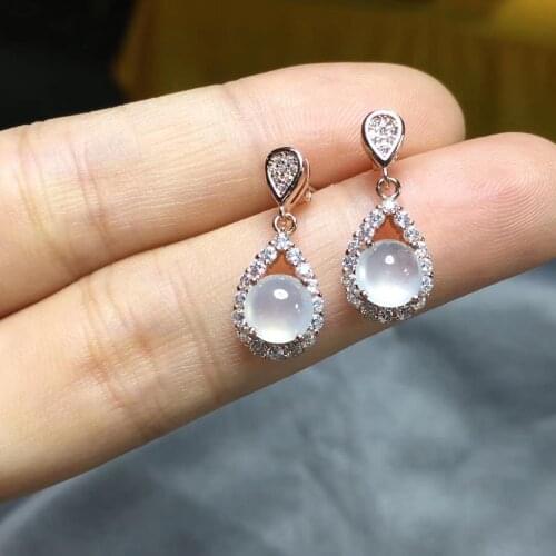 New natural egg round ice kind chalcedony diamond drop earrings elegant high-end retro ladies silver jewelry