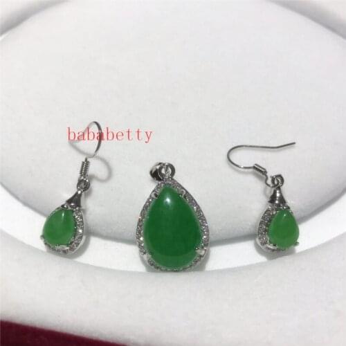 NEW Natural green jades pendant 16X24mm necklace earrings set