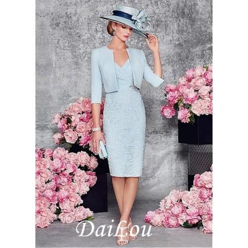 Two Piece Sheath / Column Mother of the Bride Dress Wrap Included Plunging Neck Knee Length Lace Satin Half Sleeve 2021