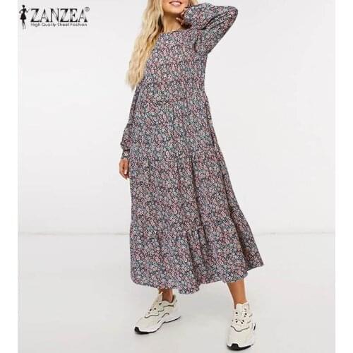 ZANZEA Womens Floral Print Robe Female Elegant Ruffle Vestidos Casual Long Sleeve Loose Dresses 2021 Fashion Bohemian Midi Dress