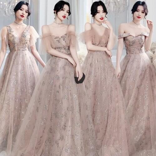 Bridesmaid Dresses Sequined Lace Tulle A-Line Spaghetti Straps Floor-Length Short V-neck Luxury Lady Wedding Party Dresses E035