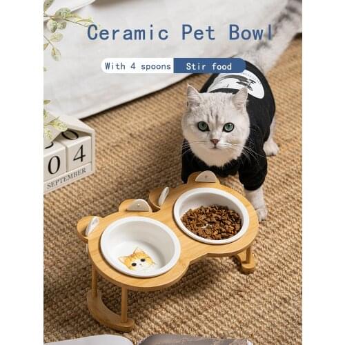 Ceramic pet Bowl Cat And Dog Eating And Drinking Bowl Single Double Bowl With Wooden Stand To Prevent Overturning Pet Supplies