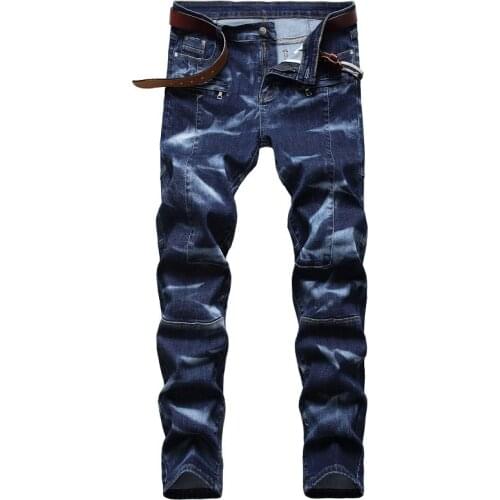 QUANBO Biker Jeans 2021 New Spring and Autumn Mens Ripped Slim Straight Fit Moto Biker Jeans with Zipper Deco Plus Size 42