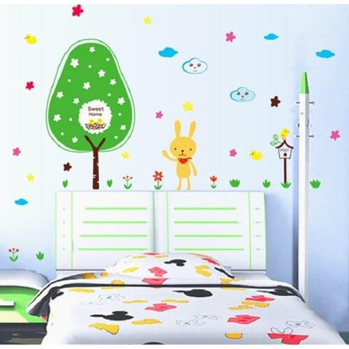 Cute Rabbit Green Tree Grass Wall Stickers For Kids Room Bedroom Baseboard Decoration Pvc Plant Wall Mural Art Diy Home Decals