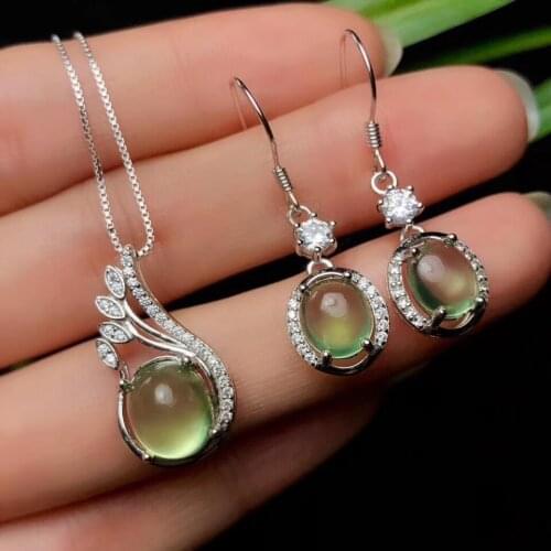 Grape color natural Prehnite gemstone hook earrings and necklace jewelry set with 925 silver for girl birthday party gem gift