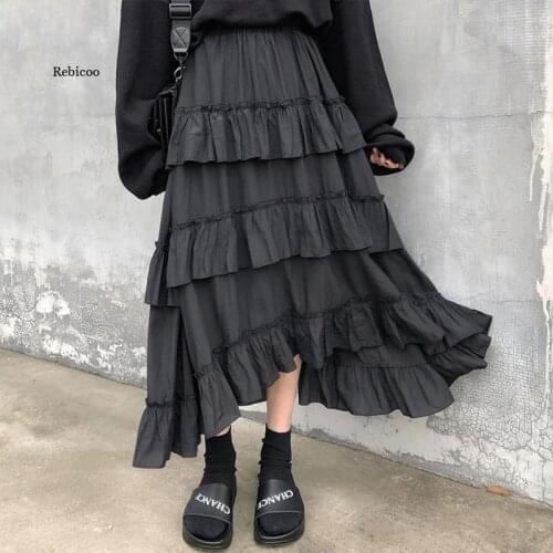 Summer Midi Long Skirts Womens Maxi Skirt Goth Lolita Summer High Waisted Asymmetrical High Low Ruched Ruffle Skirts rok