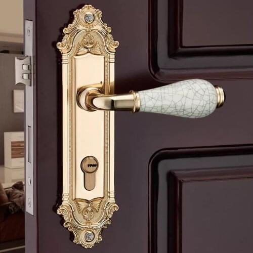 Free shipping Hardware wood indoor locks Mechanical double tongue lock Split bedroom ceramic handle lock Fashion gold color lock