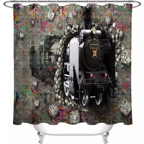 Train through the Brick Wall Shower Curtain Bathroom Extra Long Waterproof Washable Polyester Fabric for Man Boy Bathtub Decor