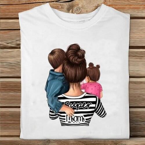 Women Short Sleeve Striped Girl Boy Cartoon Mama Mom Mother Fashion Clothes Print Tshirt Female Tee Top Ladies Graphic T-shirt
