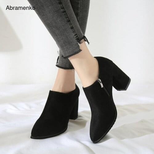 Women Ankle Boots Leather Suede Thick High Heels Boots Ladies Fashion Pointed Toe Black Red Shoes Woman Pumps Plus Size 35-40