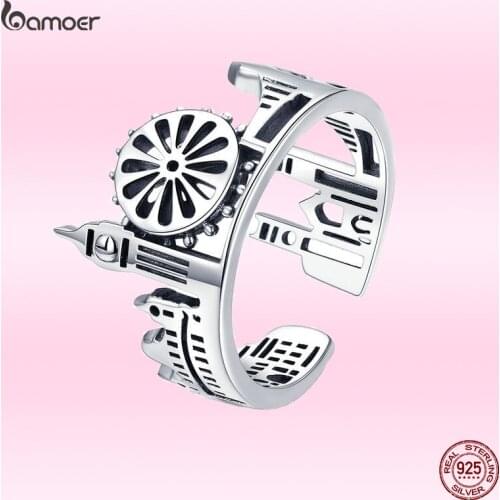 Bamoer City Sketch England London Design Finger Rings for Women Openwork Process 925 Sterling Silver Jewelry Bijoux GXR474
