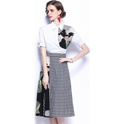 Fashion Designer office Suit 2021 Summer Women Printed Stitching White Shirt Top + Plaid Slit Skirt Two-Piece Set