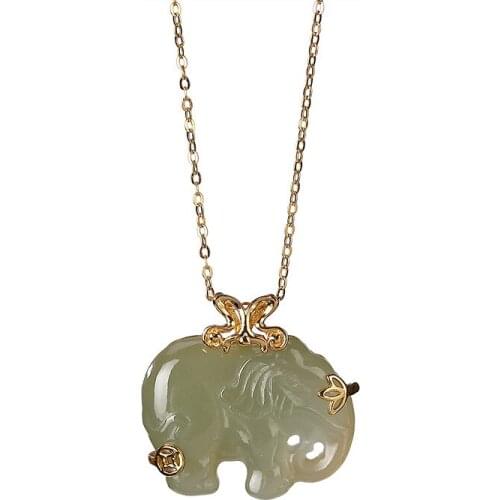 925 sterling silver gold plated natural Hetian gray jade pendant vintage auspicious coin womens baby elephant pendant