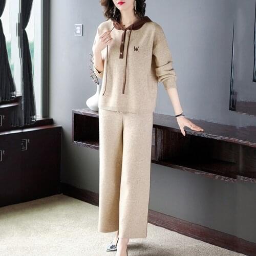 Wool knitted sweater suit women two-piece 2021 new fashion high-end cashmere wide-leg pants Casual two-piece sets female s128
