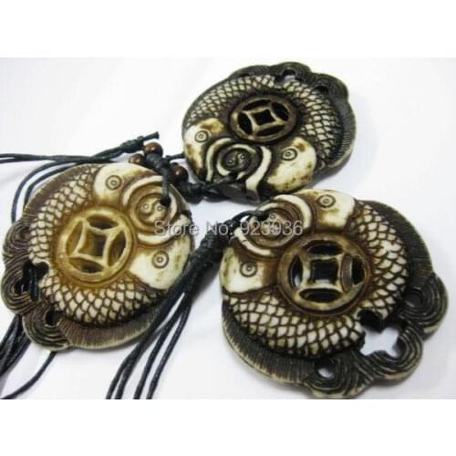 FREE SHIPPING 3pcs Tibetan Cool Mans Lucky Pisces Amulet Carved yak bone Pendant Necklace