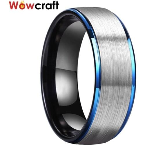 8mm Blue Black Tungsten Wedding Rings for Men Comfort Fit Stepped Edges Wedding Bands Jewelry Black Matted Finish
