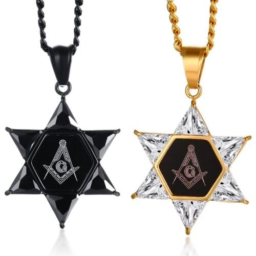 JHSL Brand Unisex Men Women Free-mason Necklaces & Star of David Pendant Black White Stone Stainless Steel Chain Fashion jewelry