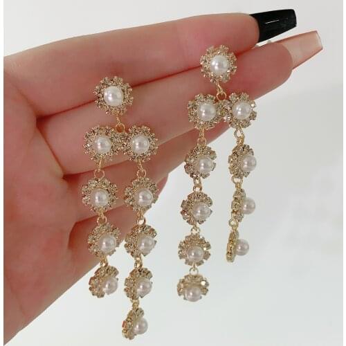Long Dangle Earrings for Women 2021 Fashion Rhinestone Simulated Pearl Flower Tassel Drop Earring