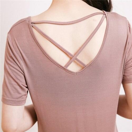 Modal Backless T-shirt Women Sexy V-Neck Club Top Elastic Hollow Out Tshirts Big Size Fashion Solid Short Sleeve Streetwear